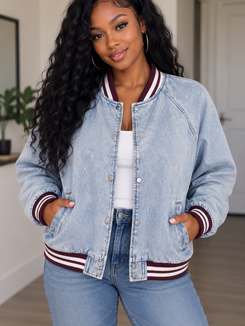 Wild Fable Light Wash Denim Bomber Jacket with Maroon-Trim